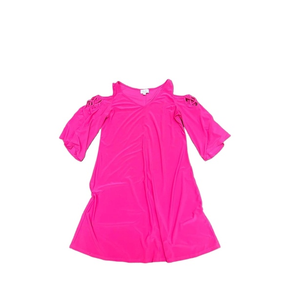 Lily Lane Dress Womens Size M Hot Pink Cold Shoulder Midi Woven Detail Vibrant - Picture 2 of 6